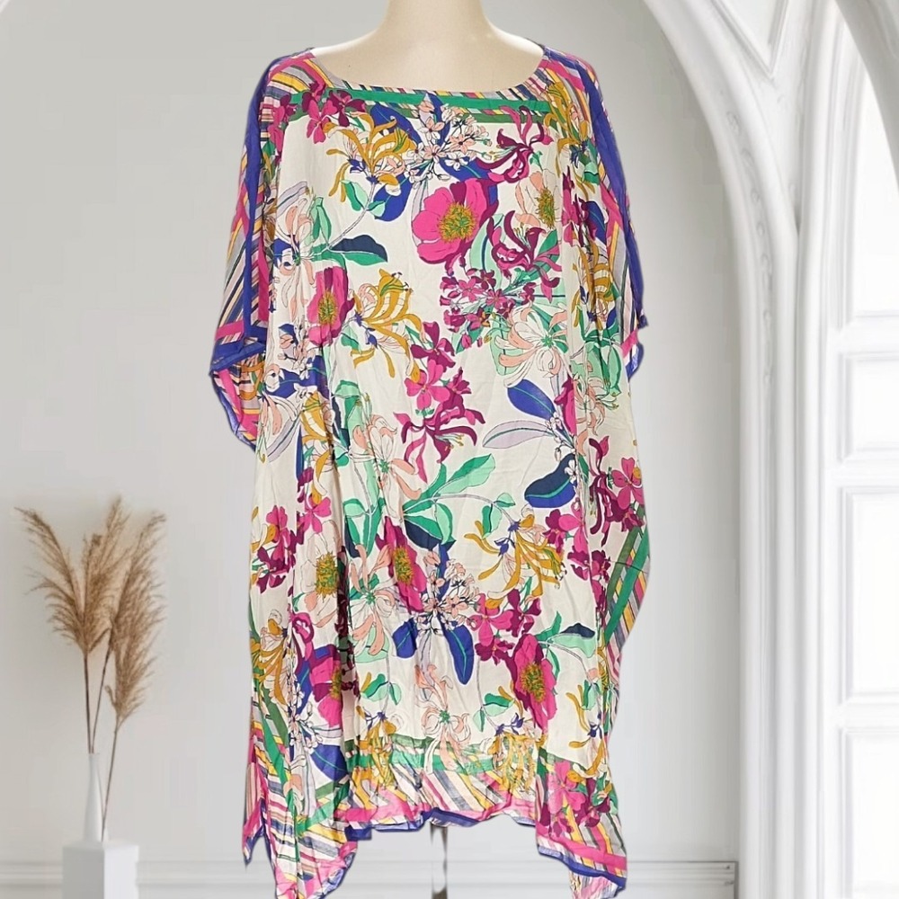 Johnny Was Aldrich Floral‎ Boatneck Asymmetric-hem Vaftan Cover-up Womens S/M